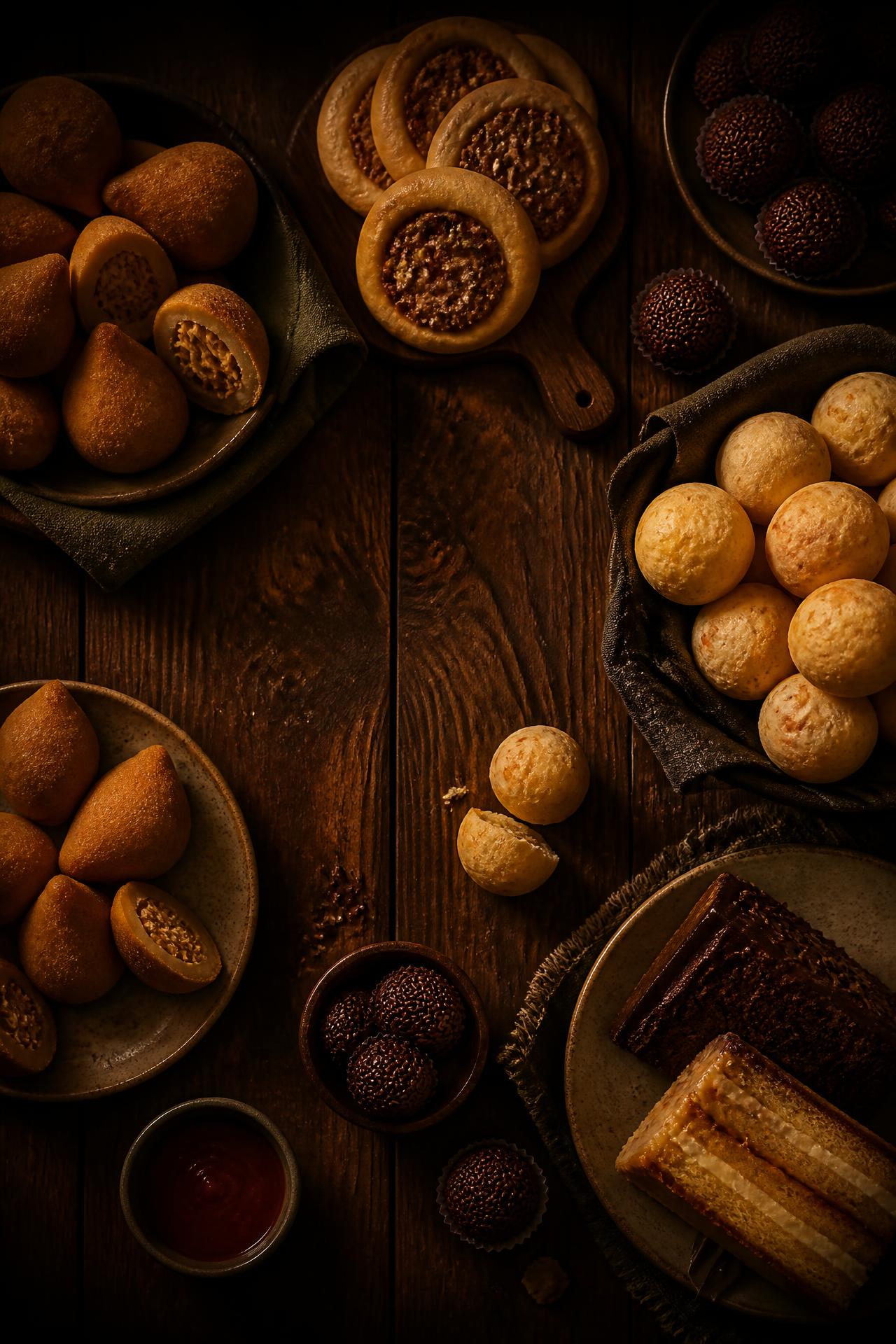 Mesa com coxinhas, pão de queijo, brigadeiros e bolos brasileiros